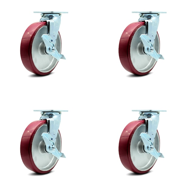 8 Inch Poly on Aluminum Swivel Caster Set with Roller Bearings and Brakes SCC